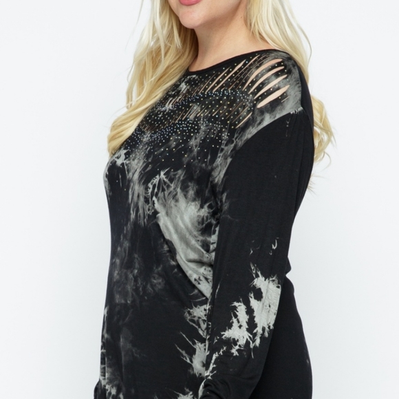 New Vocal Plus Rhinestone Tie Dye Black Slashed Top Shirt - Picture 4 of 7